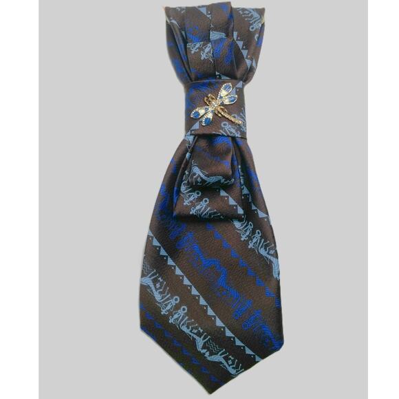 Artisan Vintage Tie Necklace Upcycled Faux Pearls Retro Brown Blue Dragonfly NEW - Picture 3 of 12